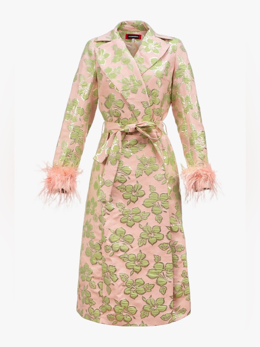 ANDREEVA Pink Jacquard Coat №19 With Detachable Feather Cuffs NWT Size US 16